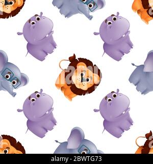 Zoo animals seamless pattern with cute baby lion, hippo and elephant. Vector illustration with funny mascot characters isolated on white background. G Stock Vector