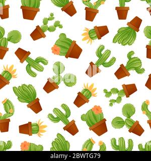 Cute mexican cactus seamless pattern with different types of cacti. Vector illustration with exotic desert houseplants and succulents isolated on whit Stock Vector