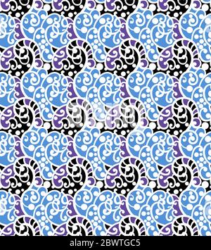 seamless pattern with bright orange and beige paisley and swirls on a light turquoise background Stock Photo