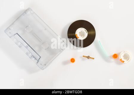 Pieces of an old vintage cassette tape Stock Photo