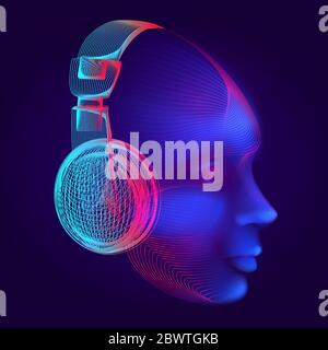 Neon cyber dj or robot head with outline electronic headphones wireframe. Artificial intelligence vector illustration with abstract human face in tech Stock Vector