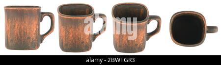 Set clay cups from different camera angles isolated on white background Stock Photo