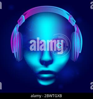 Neon cyber dj or robot head with outline electronic headphones wireframe. Artificial intelligence vector illustration with abstract human face in tech Stock Vector