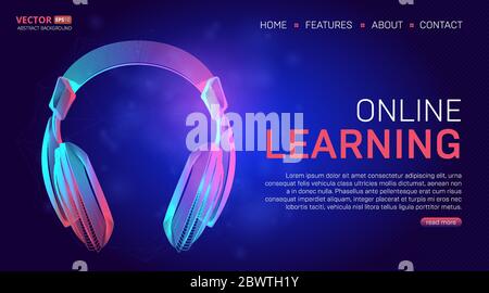 Online learning education landing page or banner template. Vector illustration in technology line art style with abstract purple headphones on dark bl Stock Vector