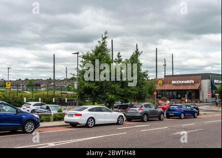 Cork, Ireland. 3rd June, 2020. McDonald's Drive-Thru reopened at 11am this morning after being closed for over 2 months due to the Covid-19 Pandemic. There were big queues of cars waiting to be served at the fast food restaurant. Credit: AG News/Alamy Live News Stock Photo