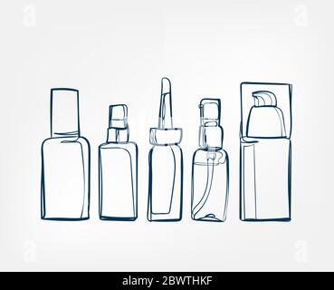 liquid cream cosmetics jars line art sketch outline isolated design element cosmetics Stock Vector