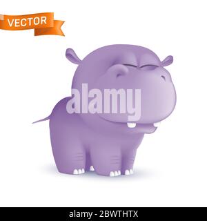 Cute standing and squinting cartoon baby hippo character. Vector illustration of an african wildlife mascot newborn animal isolated on white backgroun Stock Vector