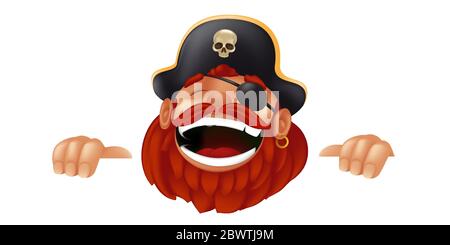 Funny cartoon pirate character laughing, sticking, and holding an empty sign or banner. Vector illustration with hiding and peeking captain mascot iso Stock Vector