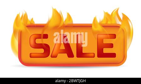Hot sale banner or website button on fire. Vector illustration of burning price badge, promotion offer, retail special deal or flaming label frame iso Stock Vector