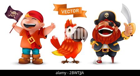 Sea pirate in captain hat with saber, funny ara macaw parrot and happy laughing boy in a red scarf with black flag vector set isolated on white backgr Stock Vector