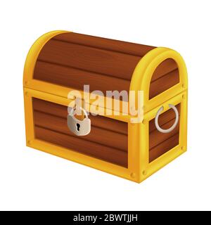 Treasure wooden pirate chest. Isometric vector illustration of vintage closed money trunk with metal padlock and handle isolated on white background Stock Vector
