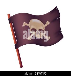 Black waving flag with image of human skull and crossed bones. Vector illustration of torn pirate banner on a wooden stick isolated on white backgroun Stock Vector