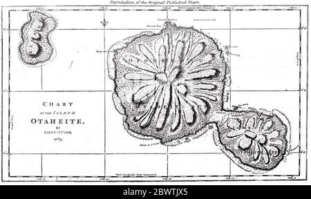 JAMES COOK (1728-1779) Royal Navy explorer. His 1789 map of Tahiti. Stock Photo