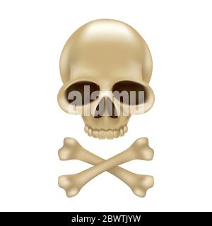 Pirate skull and crossbones without hat 3D sign or emblem. Funny vector illustration of jolly roger isolated on white background Stock Vector