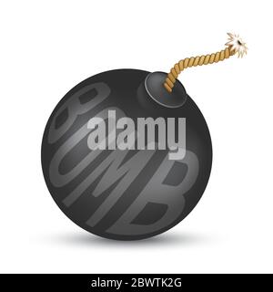 Black bomb with wick or fuse. Vector illustration of metal bombshell isolated on white background Stock Vector