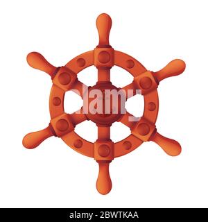 Boat Rudder or steering wheel with wooden texture and anchor on the center. Vintage vector illustration of antique brown handlebar isolated on white Stock Vector