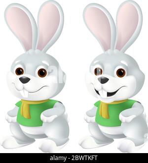 Cute Easter bunny in yellow scarf and green shirt with big eyes and ears isolated on white background. Funny vector mascot character illustration of s Stock Vector