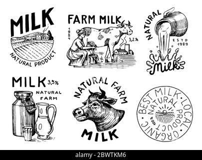 Milk set. Cow and woman farmer, milkmaid and jug and bottles, packaging and meadow. Vintage logo for shop. Badge for t-shirts. Hand Drawn engrave Stock Vector