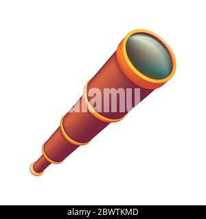 Spyglass or retro tube with brown wooden texture for marine travel, adventure and voyage. Vector illustration of antique pirates telescope for old sai Stock Vector