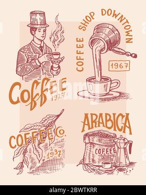 Coffee shop logo and emblem. Cacao beans, grains and and Jug, cup of drink. Man holds a mug. Vintage retro badges set. Templates for t-shirts Stock Vector