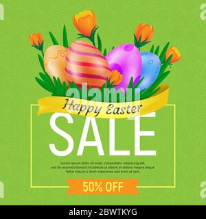 Happy Easter Sale web banner or poster template. Vector square discount coupon illustration with tulips and eggs on seamless pattern background. Can b Stock Vector