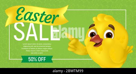 Happy Easter Sale web banner or flier template. Vector discount coupon illustration with cute chick showing on the discount offer and outline eggs on Stock Vector