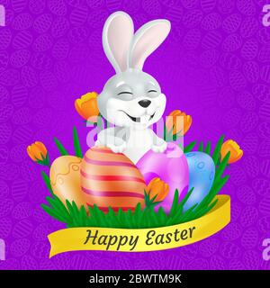 Cute smiling Easter Bunny with painted eggs on the grass, orange tulips and Easter ribbon. Vector illustration on colorful background. Can be used for Stock Vector