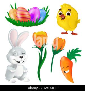 Happy Easter design elements vector set. Spring bunny, cute yellow chick, smiling carrot, tulip flowers and decorative eggs. Funny cartoon characters Stock Vector