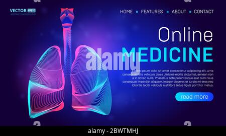 Online medicine landing page background concept or hero banner design with human lungs vector illustration. Pulmonology healthcare website template fo Stock Vector