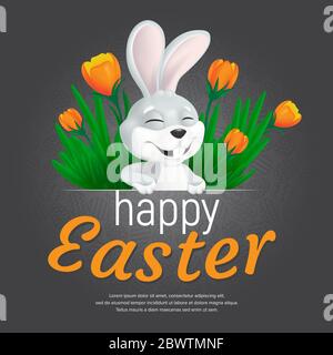 Happy Easter web banner or poster template. Vector square postcard illustration with cute smiling bunny and tulips on seamless pattern background. Can Stock Vector