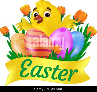 Cute smiling yellow chick hugging painted eggs on the grass with orange tulips and Easter ribbon. Vector illustration isolated on white background. Ca Stock Vector