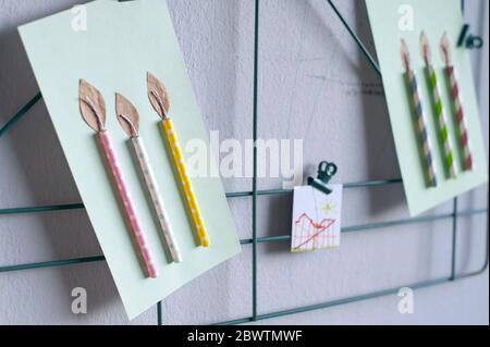 DIY birthday cards made of paper and drinking straws Stock Photo