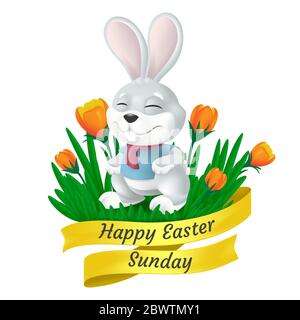 Happy Easter Sunday golden ribbon with cute bunny and tulip flowers isolated on white background. Vector illustration of squinting and smiling grey ra Stock Vector