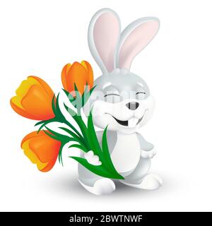Cute happy easter bunny with orange tulip flowers bouquet isolated on white background. Vector illustration of squinting and smiling grey rabbit in 3d Stock Vector