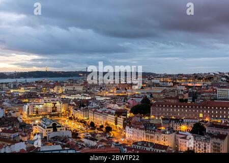 Portugal, Lisbon, View from Miradouro da Senhora do Monte at dusk Stock Photo