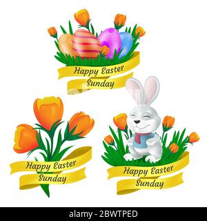 Happy Easter Sunday set with golden ribbon, cute bunny, decorative eggs and tulip flowers isolated on white background. Vector illustration in 3d styl Stock Vector