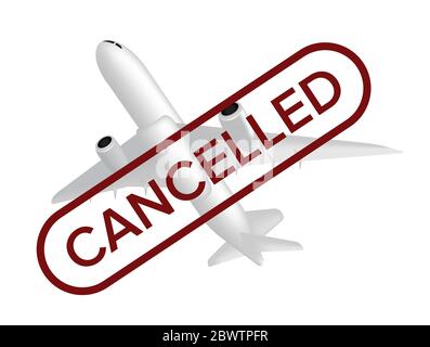 Cancelled flight vector illustration with missing airplane and red stamp on the front isolated on white background. Can be used in web design or adver Stock Vector