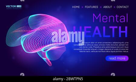 Mental health landing page background concept or hero banner design with human brain outline vector illustration. Medical healthcare website template Stock Vector