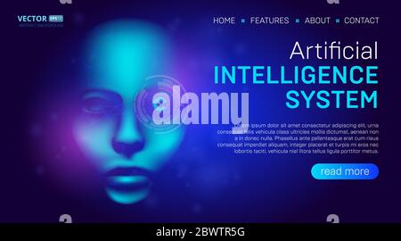 Artificial intelligence landing page background concept or hero banner design with digital humanoid face or cyber head vector illustration. Website te Stock Vector