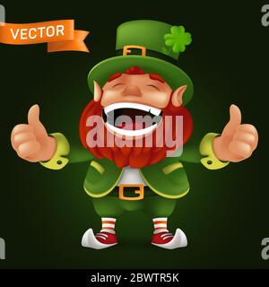 Cute cartoon Leprechaun character laughing and giving thumbs up to Happy Saint Patrick's Day celebration. Vector illustration of Irish folklore fulfil Stock Vector