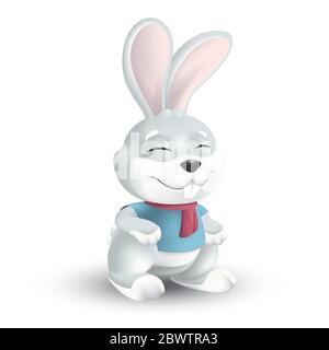 Cute Easter bunny in red scarf and blue shirt with big eyes and ears isolated on white background. Vector illustration of squinting and smiling grey r Stock Vector