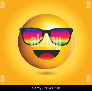 High quality emoticon with sunglasses.Emoji vector.Cool smiling Face with rainbow Sunglasses vector illustration.Yellow face with sunglasses. Stock Vector