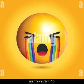 High quality emoticon vector illustration on yellow gradient background. Emoji crying with rainbow tears.Yellow face crying emoji. Stock Vector