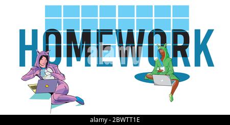 Vector illustration of two girls sitting working at home with word 'homework' behind Stock Vector