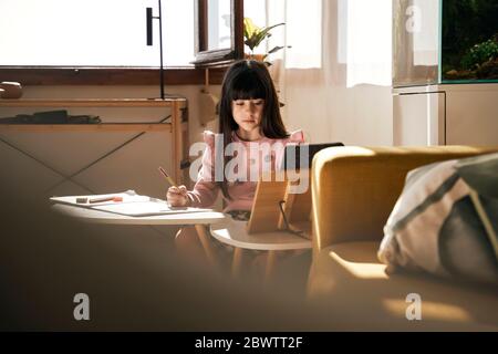 Portrait of girl doing homework in the living room Stock Photo
