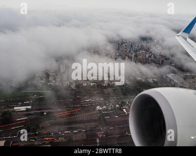 View from the plane overflying El Calafate town, El Calafate, Argentina Stock Photo