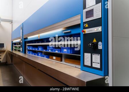 Germany, Bavaria, Munich, Automated warehouse rack inside factory Stock Photo