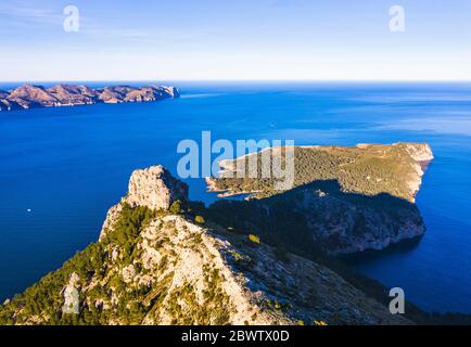 Spain, Balearic Islands, Mallorca, Alcudia, Aerial view of Cap des Pinar and Mirador Penya del Migdia Stock Photo