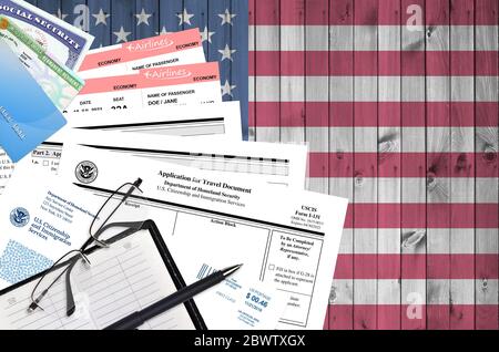 Uscis Form I 131 Application For Travel Document Lies On Flat Lay Office Table And Ready To Fill U S Citizenship And Immigration Services Paperwork Stock Photo Alamy