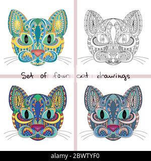 set of four cat face doodle. color stylized cat, ornament. coloring book page for adult. Vector illustration. Hand drawn artwork Stock Vector